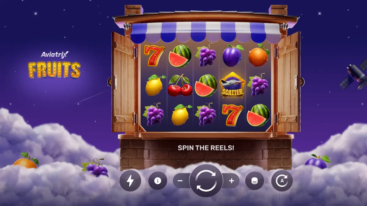 Tampilan visual game slot Aviatrix Fruits dengan elemen pesawat dan buah-buahan.